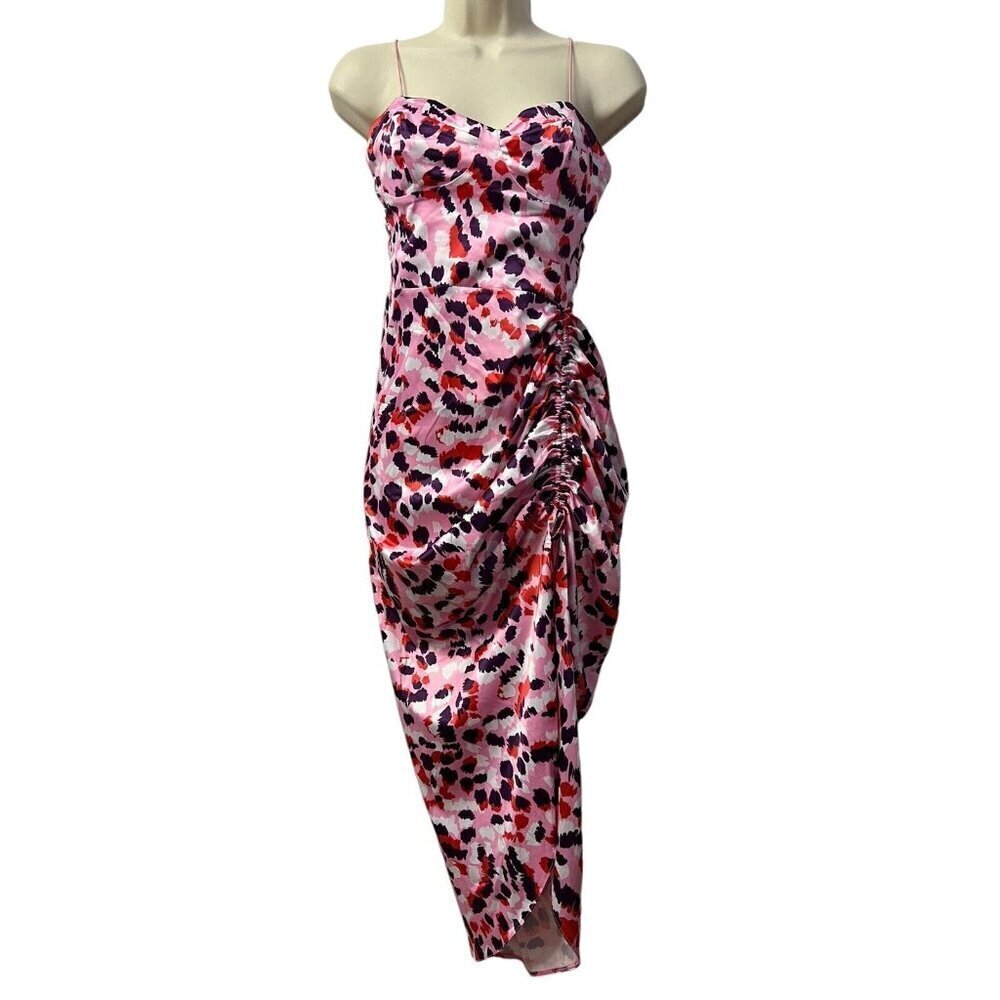 Asos Design Midi Dress Size 4 Satin Cami Pink Purple Leopard‎ Ruched Side Party - Picture 15 of 16